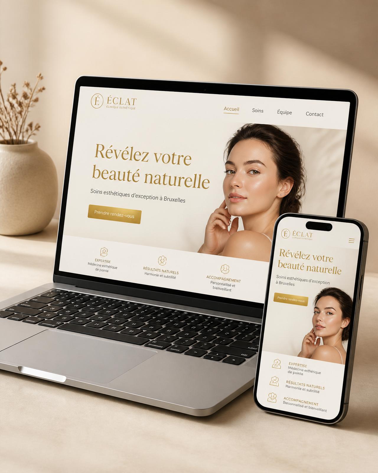 Maquette premium d'un site de cabinet esthétique en français, présentée sur ordinateur et mobile
